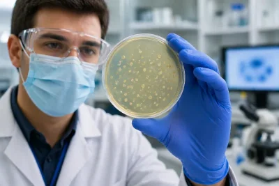 Técnico de laboratorio sujetando Mycoplasma hominis